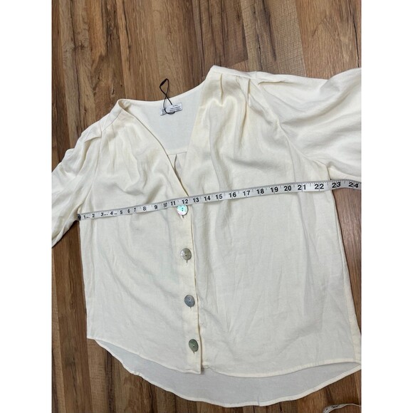 NWOT TRF ZARA Blouse Sz XSmall‎ Linen Blend Puff Sleeve Iridescent Shell Buttons - Picture 9 of 9